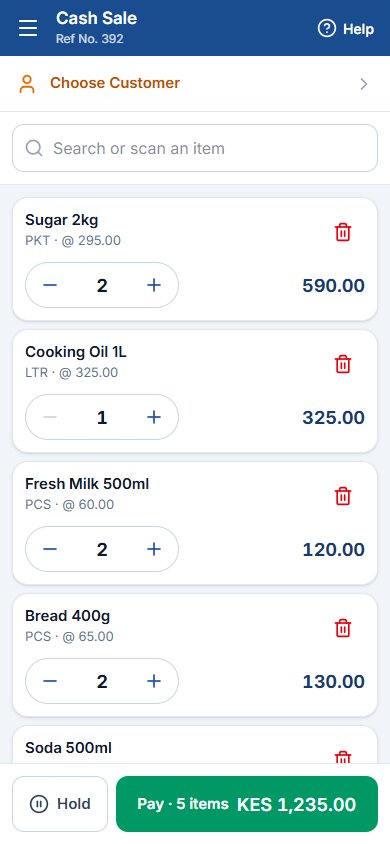 Phone cash sale screen with items and a Pay button
